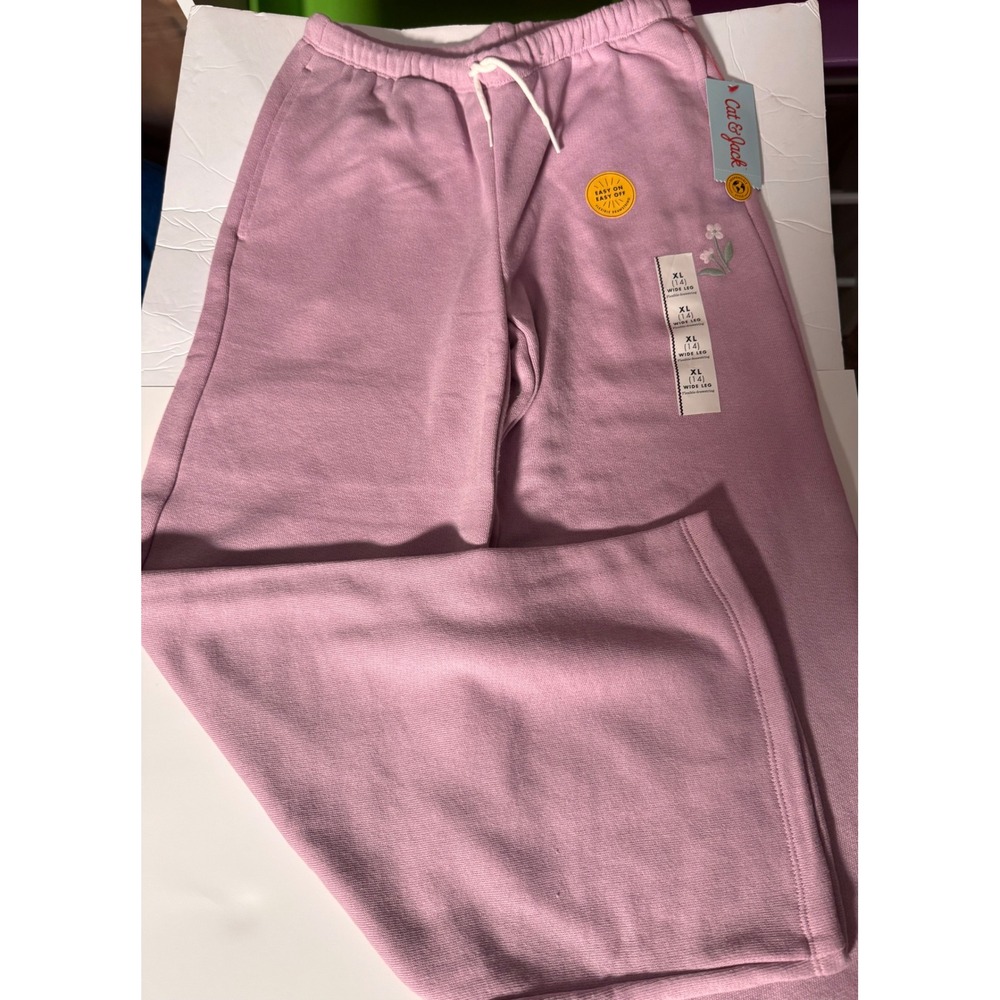 Cat & Jack Girls XL 14 Wide Leg Sweatpants Lavender Purple Floral Fleece NWT